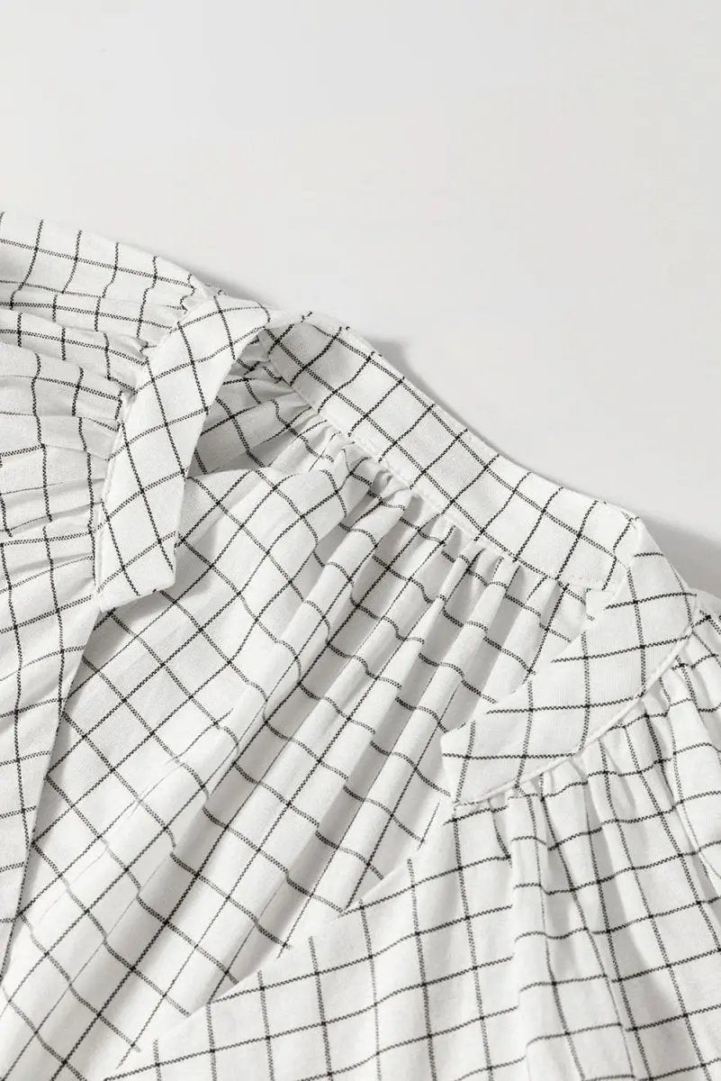 White Stripe Checkered Frilled V Neck Bracelet Sleeve Babydoll Dress - Love Salve